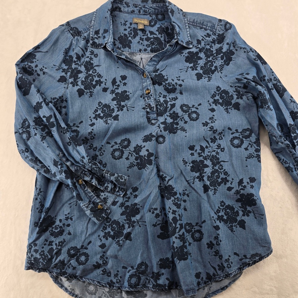 Style & Co Henley Top Womens PXL Blouse Blue Floral Lyocell Denim Look